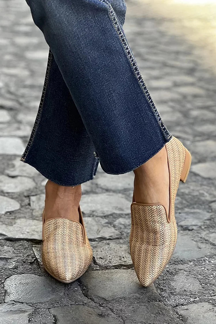 Pointed Toe Woven Chunky Heel Beige Loafers [Pre Order]