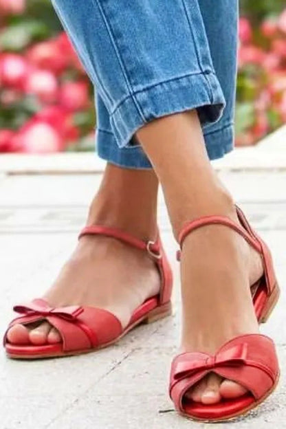 Bow Decor Peep Toe Solid Color Red Sandals [Pre Order]