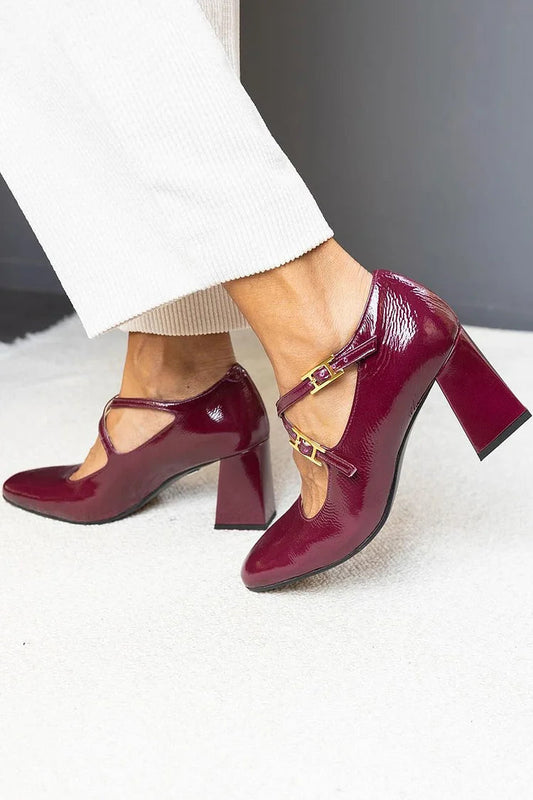 Cross Strap Buckle Square Toe Burgundy Chunky Heels [Pre Order]