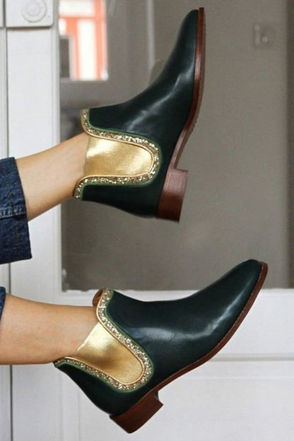 Colorblock Pointed Toe Dark Green Ankle Boots [Pre Order]