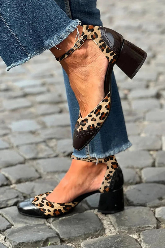 Leopard Print Ankle Strap Buckle Black Chunky Heels [Pre Order]