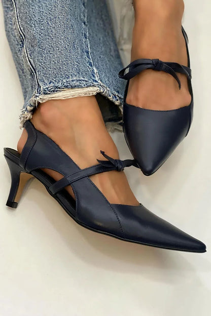 Tied Up Patchwork Pointed Toe Cut Out Black Low Heels [Pre Order]
