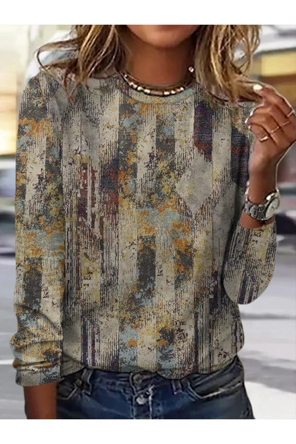 Retro Abstract Colorful Print Crew Neck Casual Long Sleeve Blouse