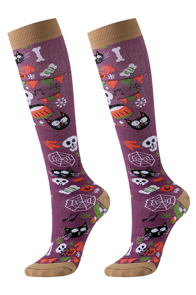 Halloween Pattern Skull Ghost Haunted House Star Print Over The Calf Socks