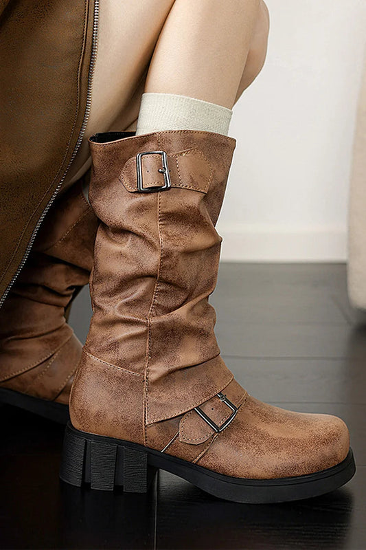 Solid Color Two Straps Buckles Round Toe Chunky Heel Mid Boots