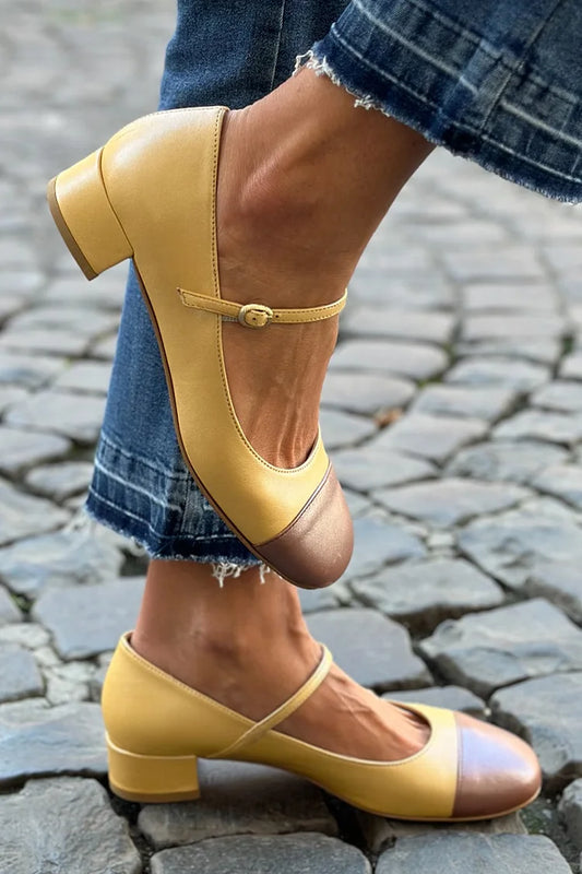 Square Toe Instep Strap Color Block Yellow Chunky Heels [Pre Order]