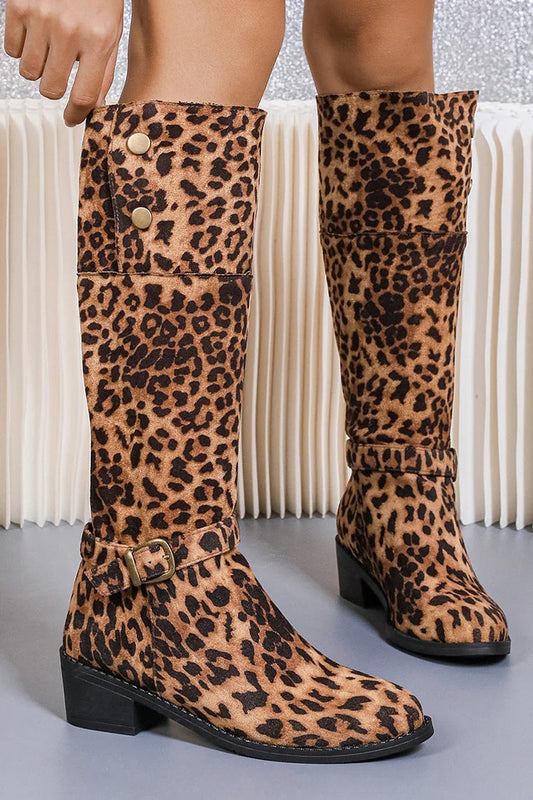 Leopard Print Round Toe Strap Buckle Chunky Heel Knee High Boots