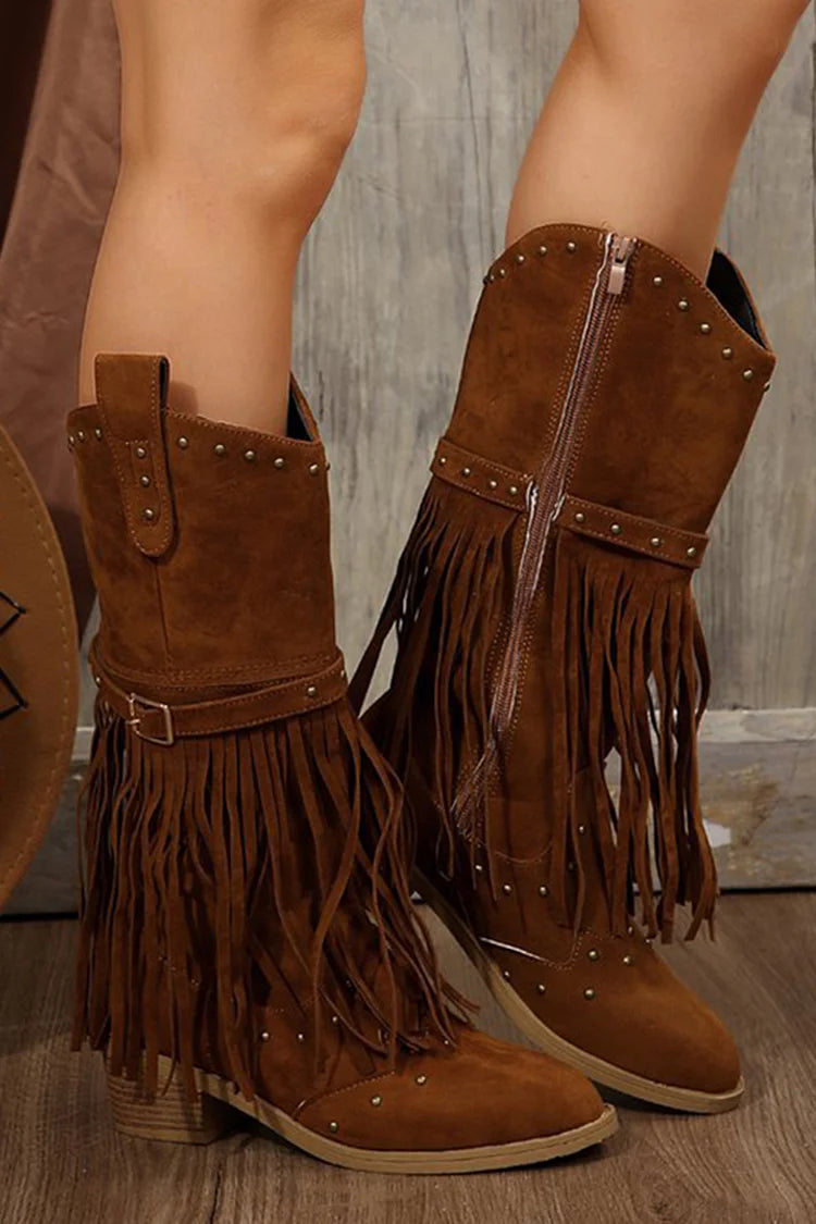 Fringed Trim Metallic Studded Solid Color Chunky Heel Mid Calf Boots