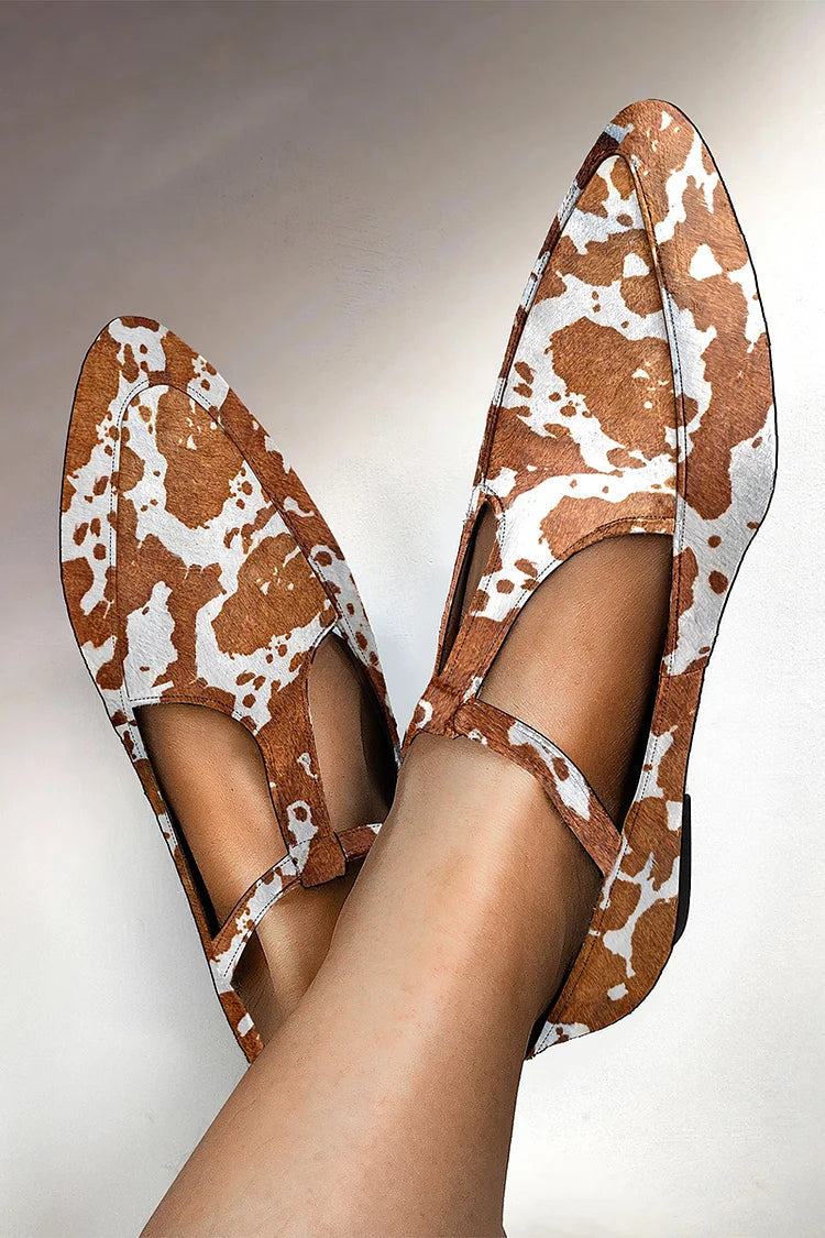 Cow Print Pointed Toe Casual Brown Leather Flats [Pre Order]