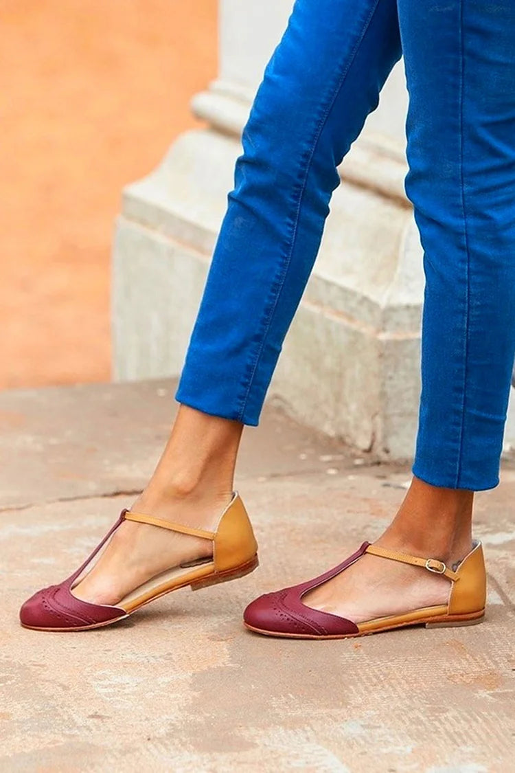 Colorblock Round Toe T-Strap Buckle Burgundy Flats [Pre Order]