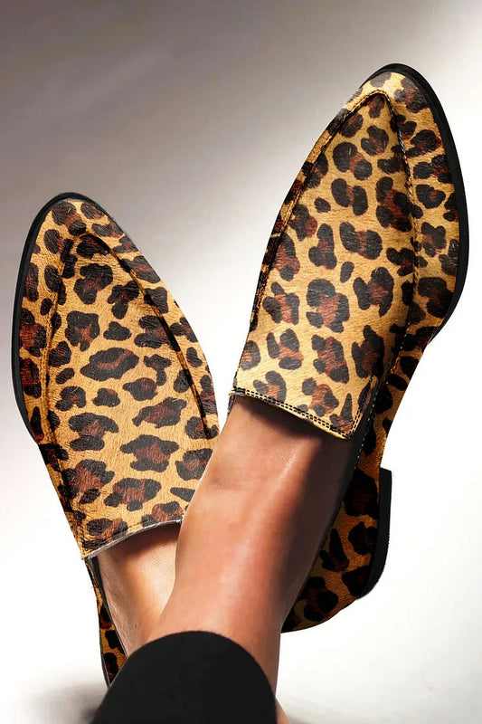 Pointed Toe Casual Leopard Print Khaki Leather Loafers [Pre Order]