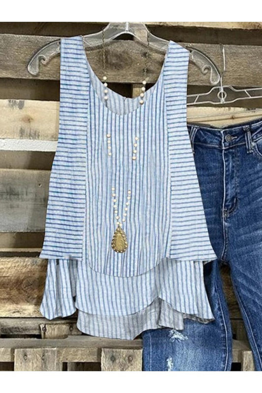 Blue Striped Casual Layered Hem Sleeveless Tank Top