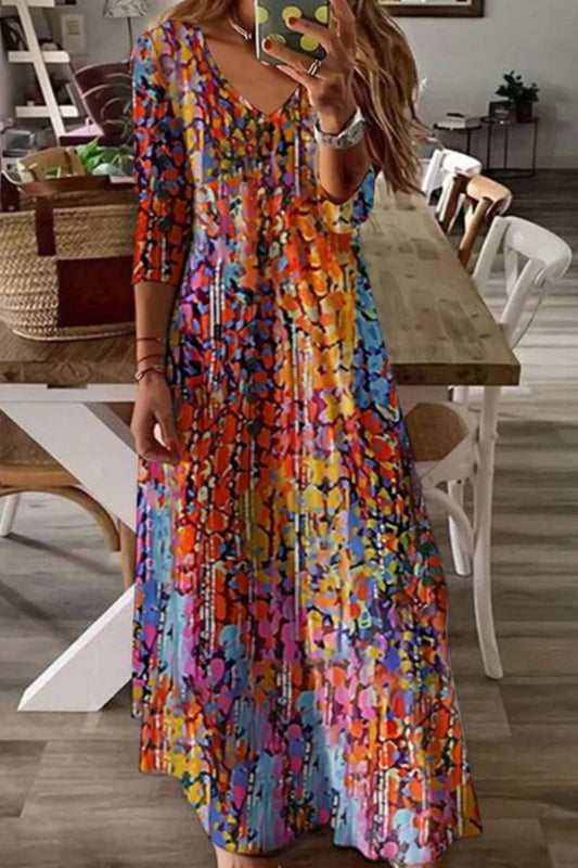 Women's Abstract Pattern V Neck Long Sleeve Comfortable Casual Buckle Maxi Dress