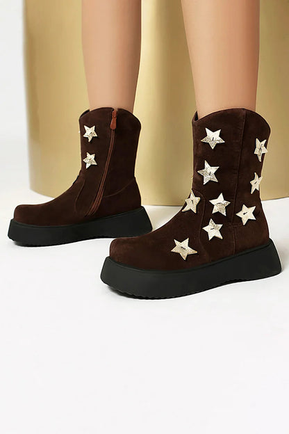 Star Shaped Patchwork Zipper Round Toe Low Platform Ankle Boots