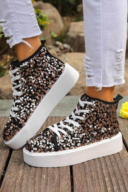 Sequins Decor Round Toe Lace Up Casual High Top Sneakers