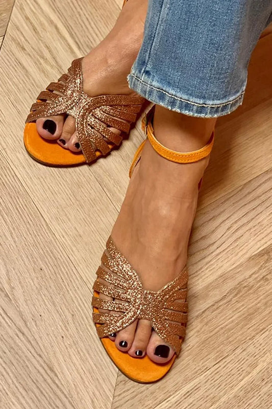 Ankle Strap Buckle Glitter Hollow Out Orange Sandals [Pre Order]