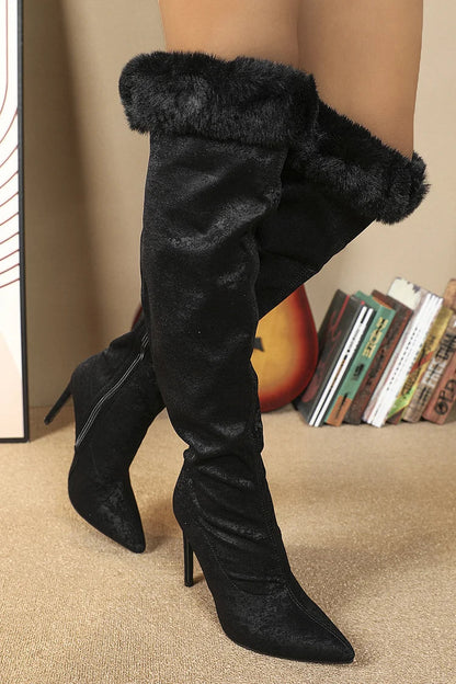 Fluffy Trim Zipper Pointed Toe Stiletto Heel Knee High Boots