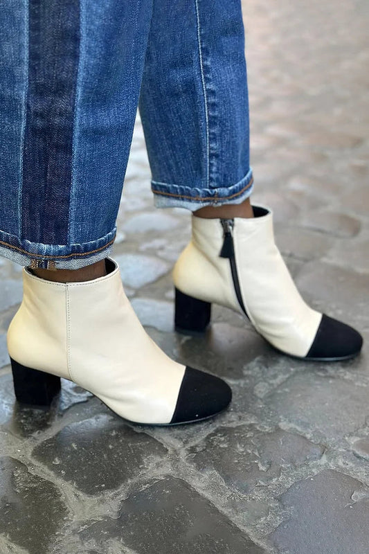 Colorblock Round Toe Zipper Beige Chunky Heels Boots [Pre Order]