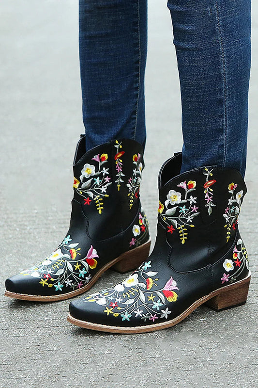 Floral Embroidery Pointed Toe Patchwork Chunky Heel Cowgirl Boots