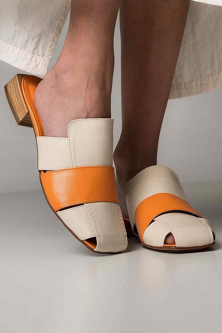 Colorblock Square Toe Patchwork Beige Mules [Pre Order]