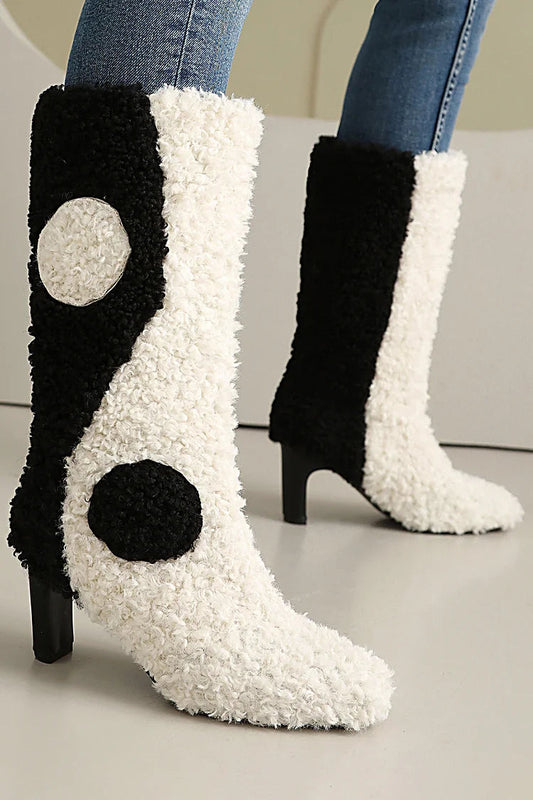 Colorblock Faux Fur Round Toe Chunky Heel Pull On Mid Calf Boots