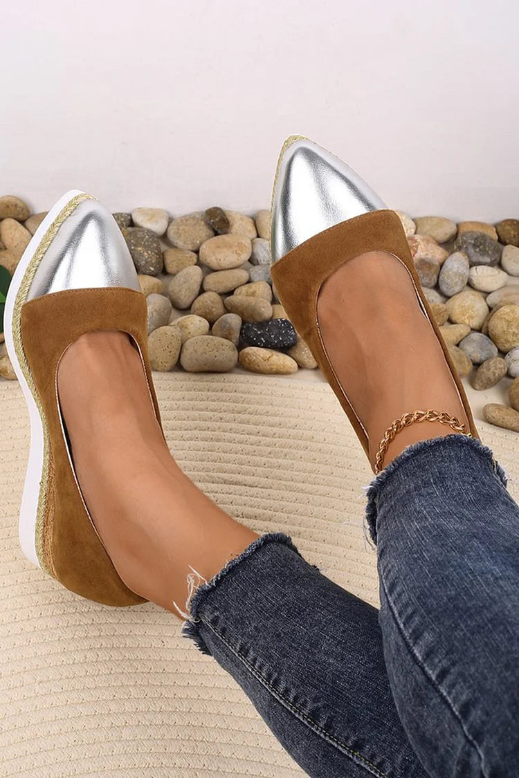 Metallic Sheen Patchwork Pointed Toe Slip On Wedge Heels