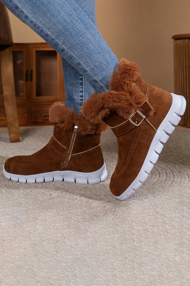 Fluffy Trim Patchwork Strap Buckle Round Toe Snow Boots