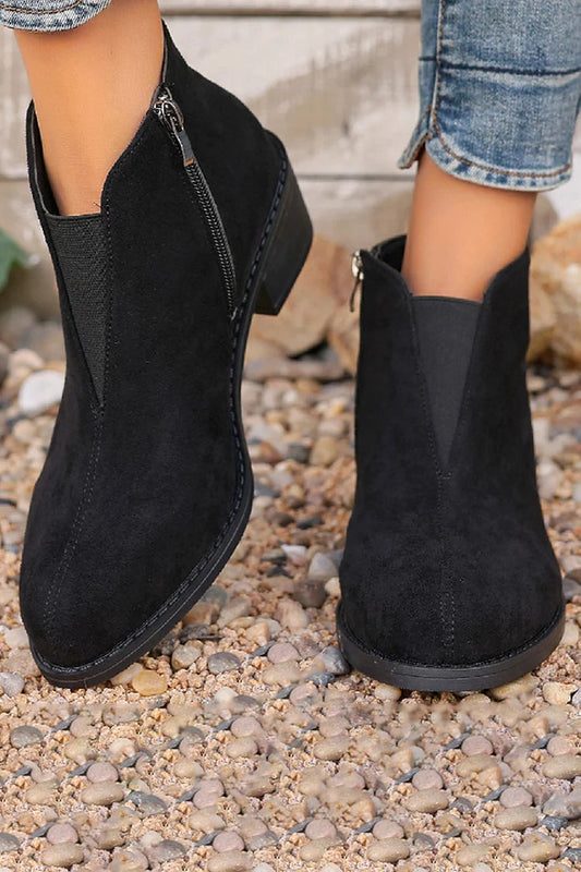 Patchwork Zipper Pointed Toe Chunky Heel Ankle Boots