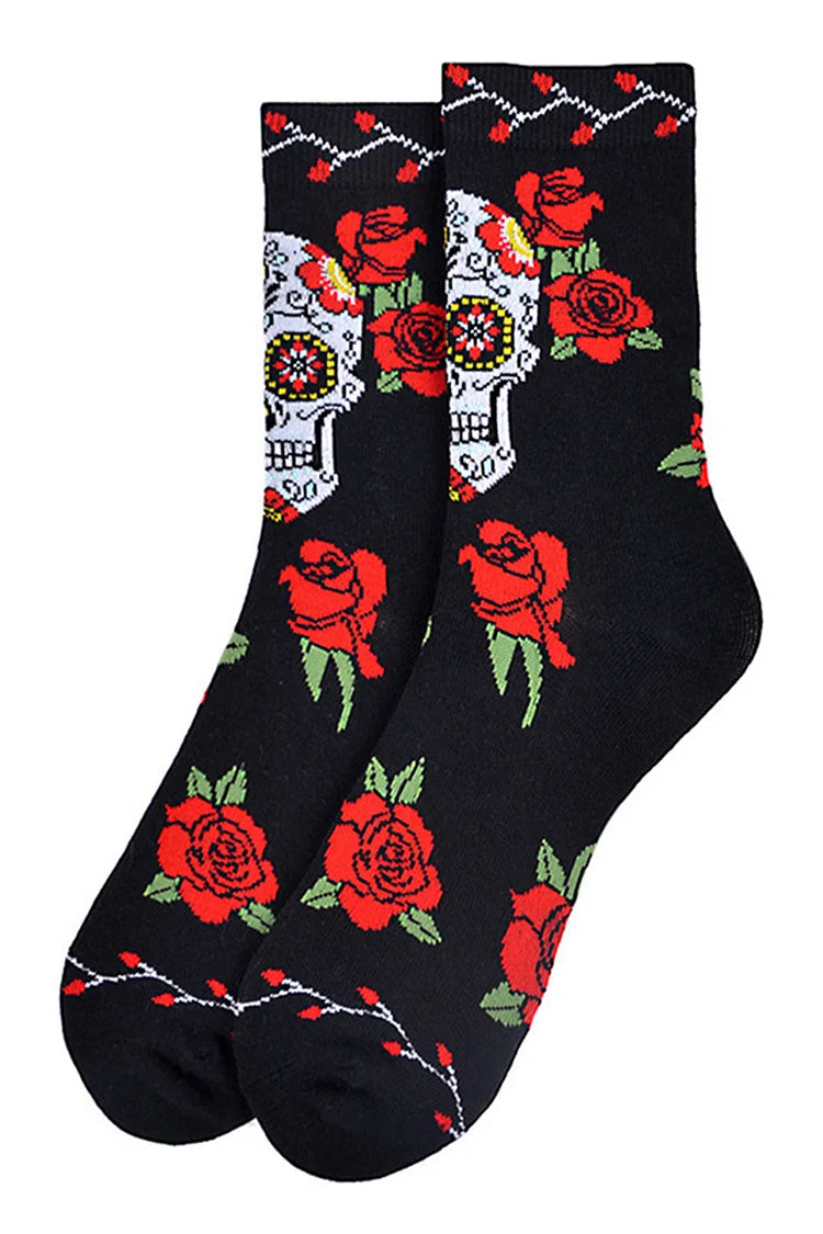 Halloween Roses Skeleton Skull Pattern Mid Calf Socks