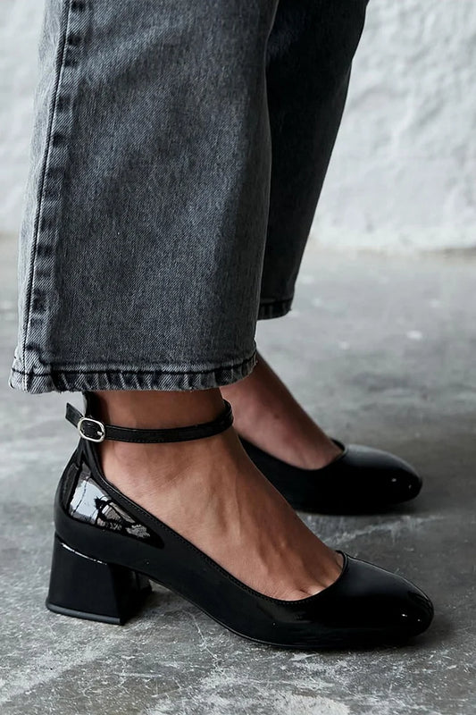 Ankle Strap Buckle Plain Round Toe Black Chunky Heels [Pre Order]