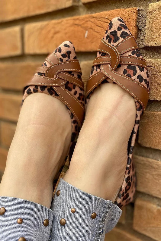 Leopard Print Multi Twisted Strap Pointed Toe Brown Flats [Pre Order]