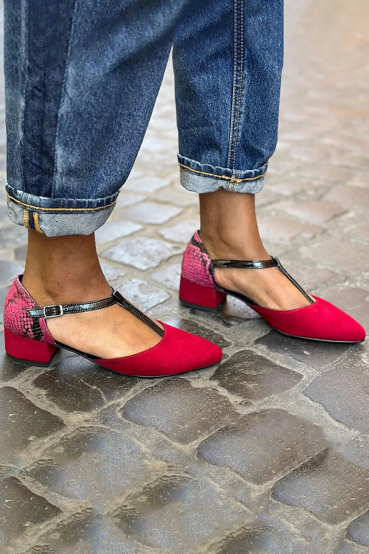 Snake Print T-Strap Buckle Pointed Toe Red Chunky Heels [Pre Order]