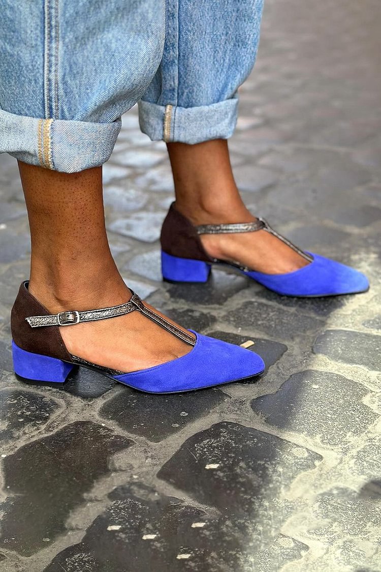 Pointed Toe Colorblock T-Strap Buckle Blue Low Heels [Pre Order]