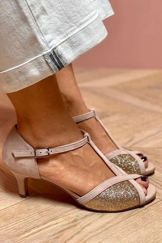 Patchwork T-Strap Buckle Glitter Peep Toe Taupe Kitten Heels