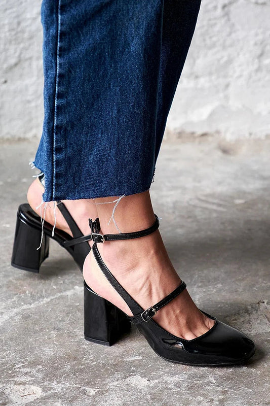 Square Toe Ankle Strap Buckle Plain Black Chunky Heels