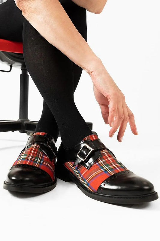 Plaid Patchwork Strap Buckle Round Toe Black Oxfords [Pre Order]