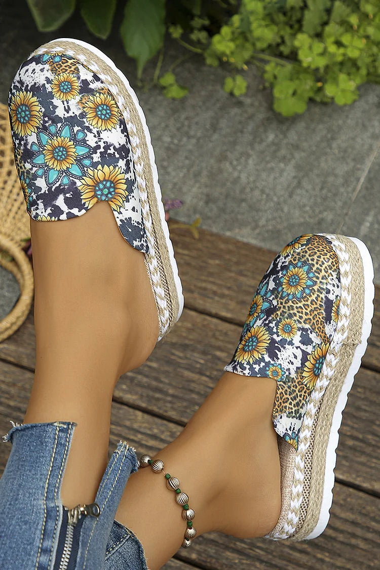 Sunflower Print Closed Toe Espadrille Platform Slippers