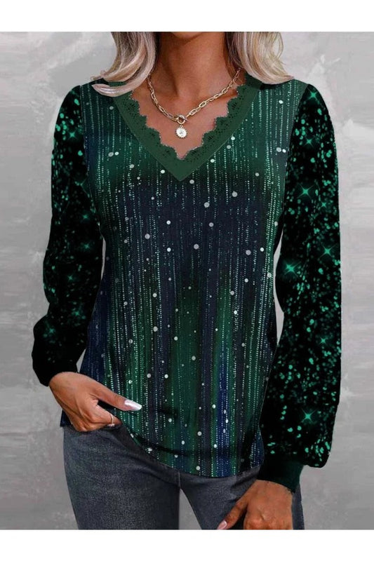 Casual Vintage Sequins V Neck Long Sleeve Loose Blouse