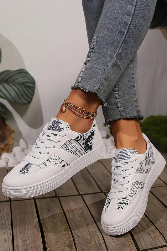 Colorblock Pattern Print Round Toe Lace Up Sneakers