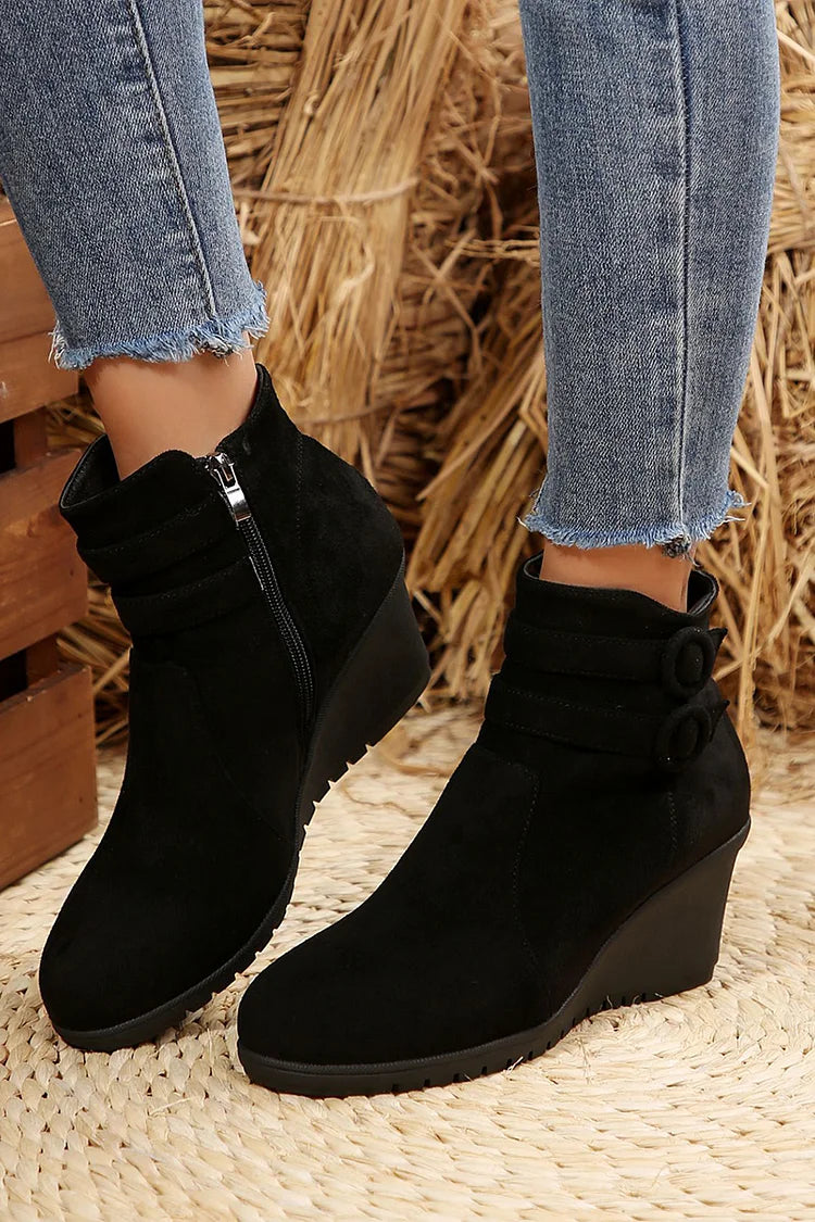 Patchwork Straps Buckles Zipper Round Toe Wedge Heel Ankle Boots