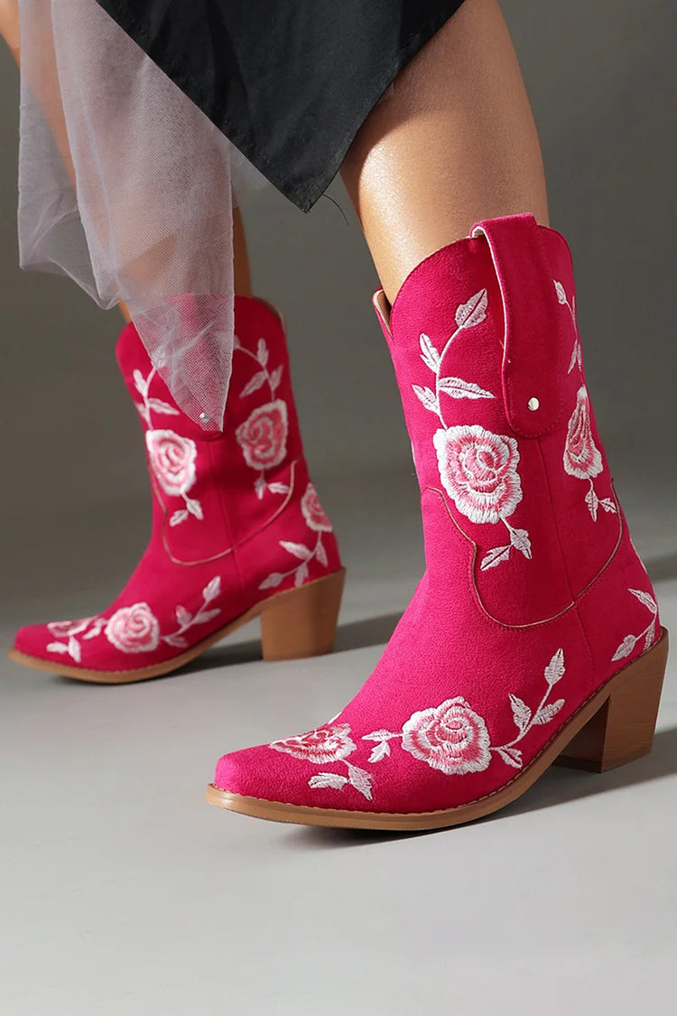 Floral Embroidery Pointed Toe Chunky Heel Western Boots