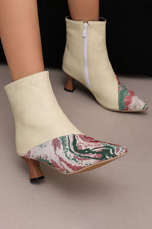 Colorblock Pattern Patchwork Pointed Toe Zipper Ankle Boots