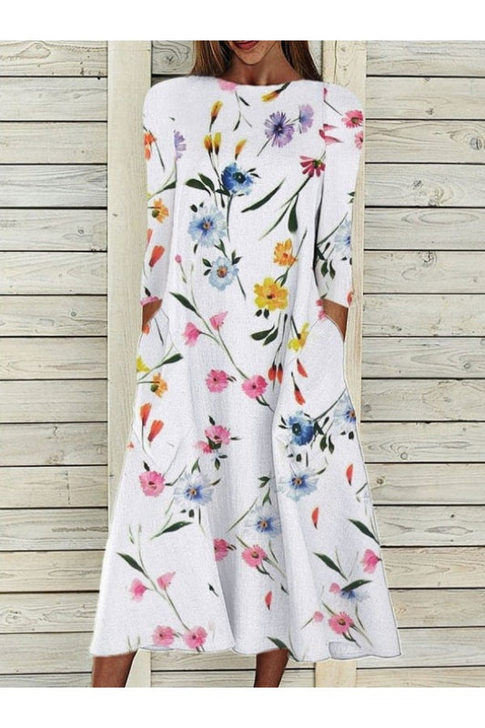 Casual Floral Print Crew Neck 3/4 Sleeve Comfy Maxi Dress