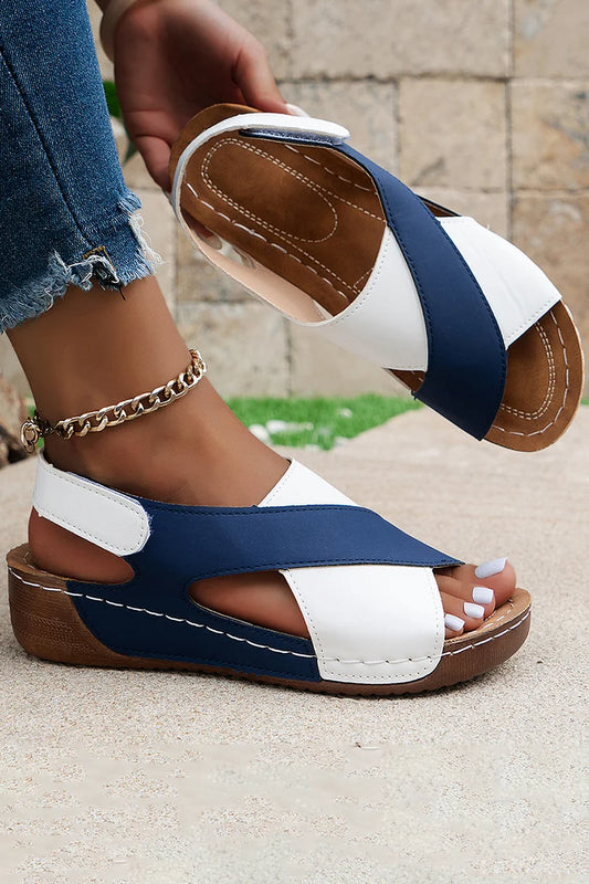 Quilted Color Block Magic Stick Closure Muffin Wedge Sandals