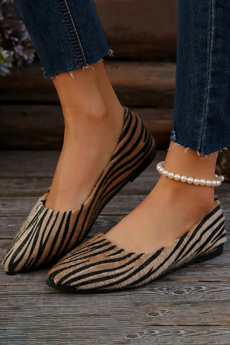 Colorblock Fuzzy Zebra Pattern Pointed Toe Slip On Flats