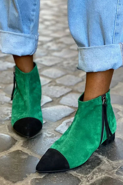 Colorblock Pointed Toe Low Block Heel Green Ankle Boots [Pre Order]