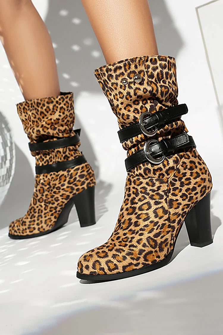 Leopard Print Colorblock Straps Buckles Chunky Heel Mid Calf Boots