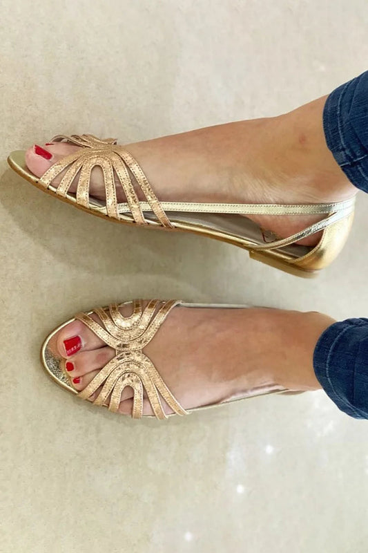 Metallic Sheen Peep Toe Hollow Out Gold Sandals [Pre Order]