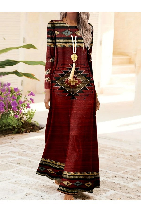 Ethnic Casual Crew Neck 3/4 Sleeve Comfy Maxi Dress