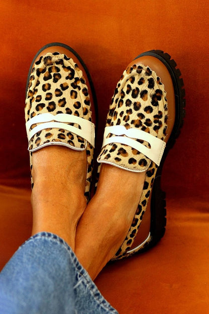 Leopard Print Patchwork Round Toe Brown Loafers [Pre Order]